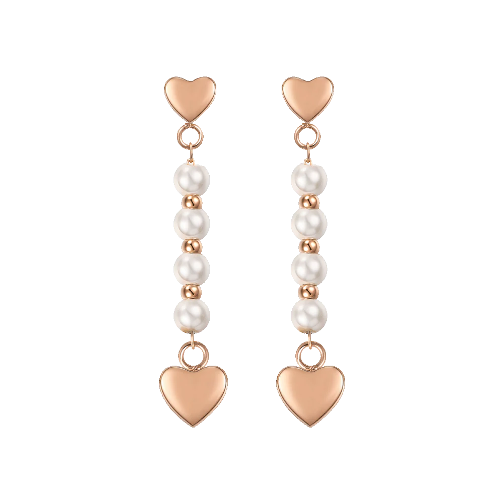 ORECCHINI DONNA IN ACCIAIO IP GOLD E PERLE BIANCHE CON CUORE IP ROSE