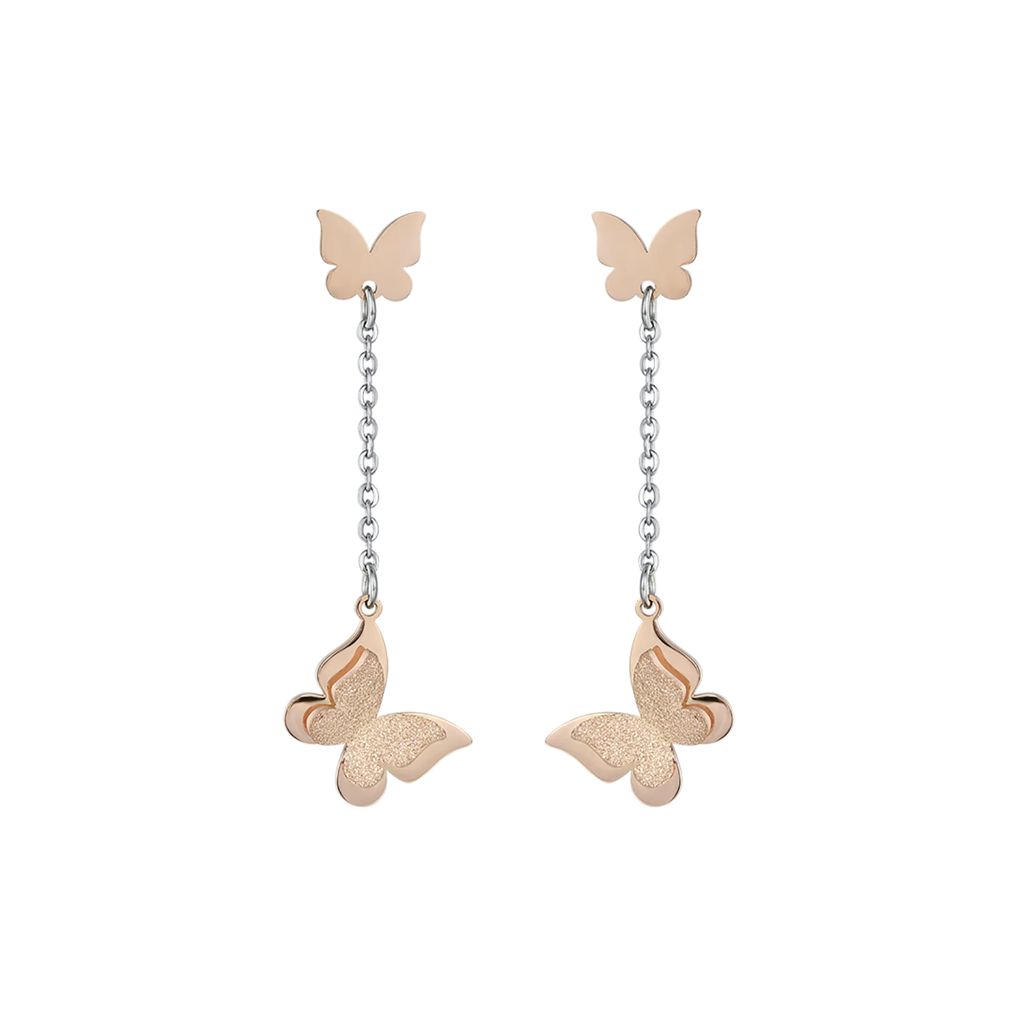 ORECCHINI IN ACCIAIO, FARFALLE IN ACCIAIO IP ROSE CON GLITTER IP ROSE