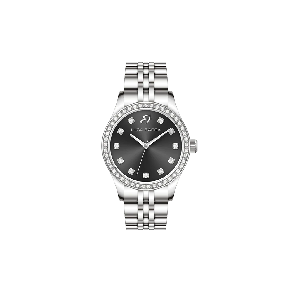 OROLOGIO DONNA IN ACCIAIO CON QUADRANTE NERO E GHIERA CON CRISTALLI BIANCHI