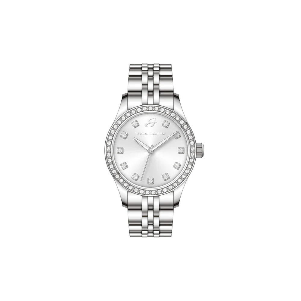 OROLOGIO DONNA IN ACCIAIO CON QUADRANTE SILVER E GHIERA CON CRISTALLI BIANCHI