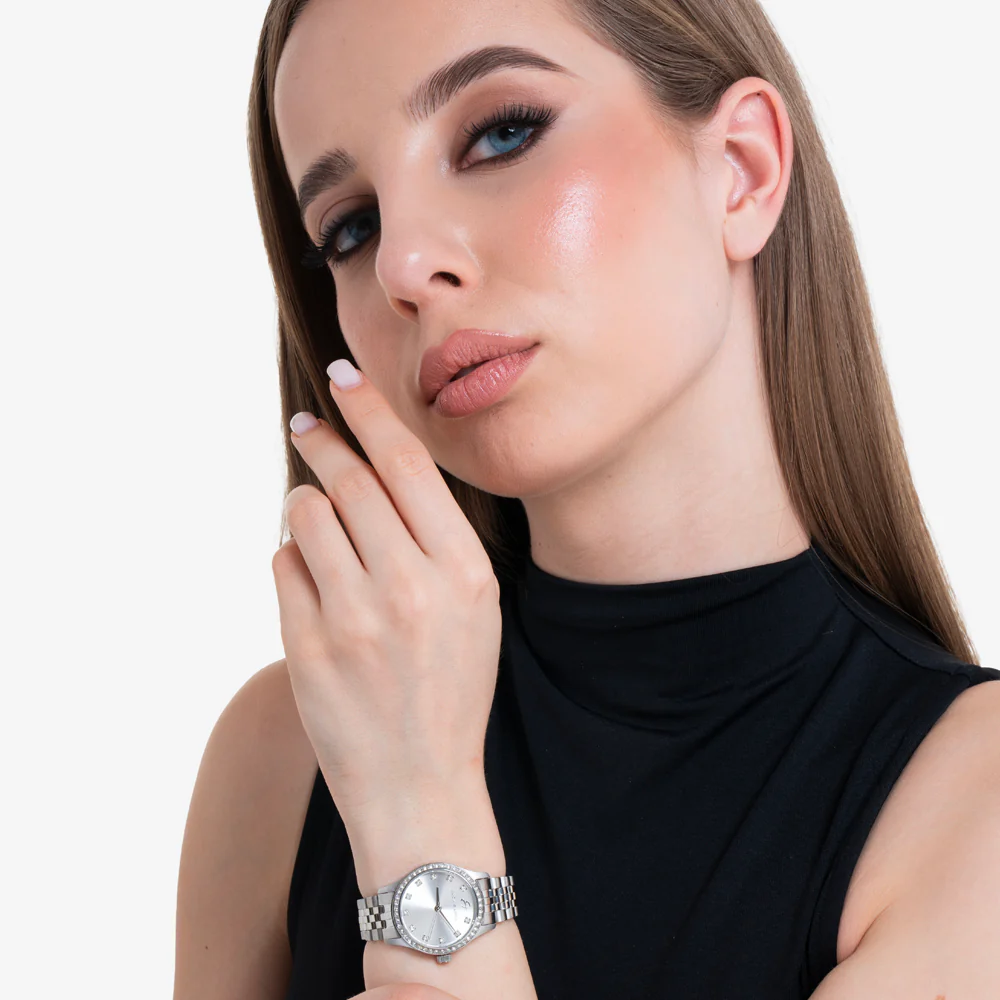 OROLOGIO DONNA IN ACCIAIO CON QUADRANTE SILVER E GHIERA CON CRISTALLI BIANCHI - Image 3