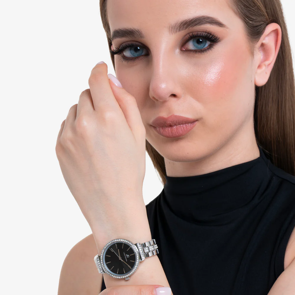 OROLOGIO DONNA IN ACCIAIO CRISTALLI GHIERA E QUADRANTE NERO - Image 3