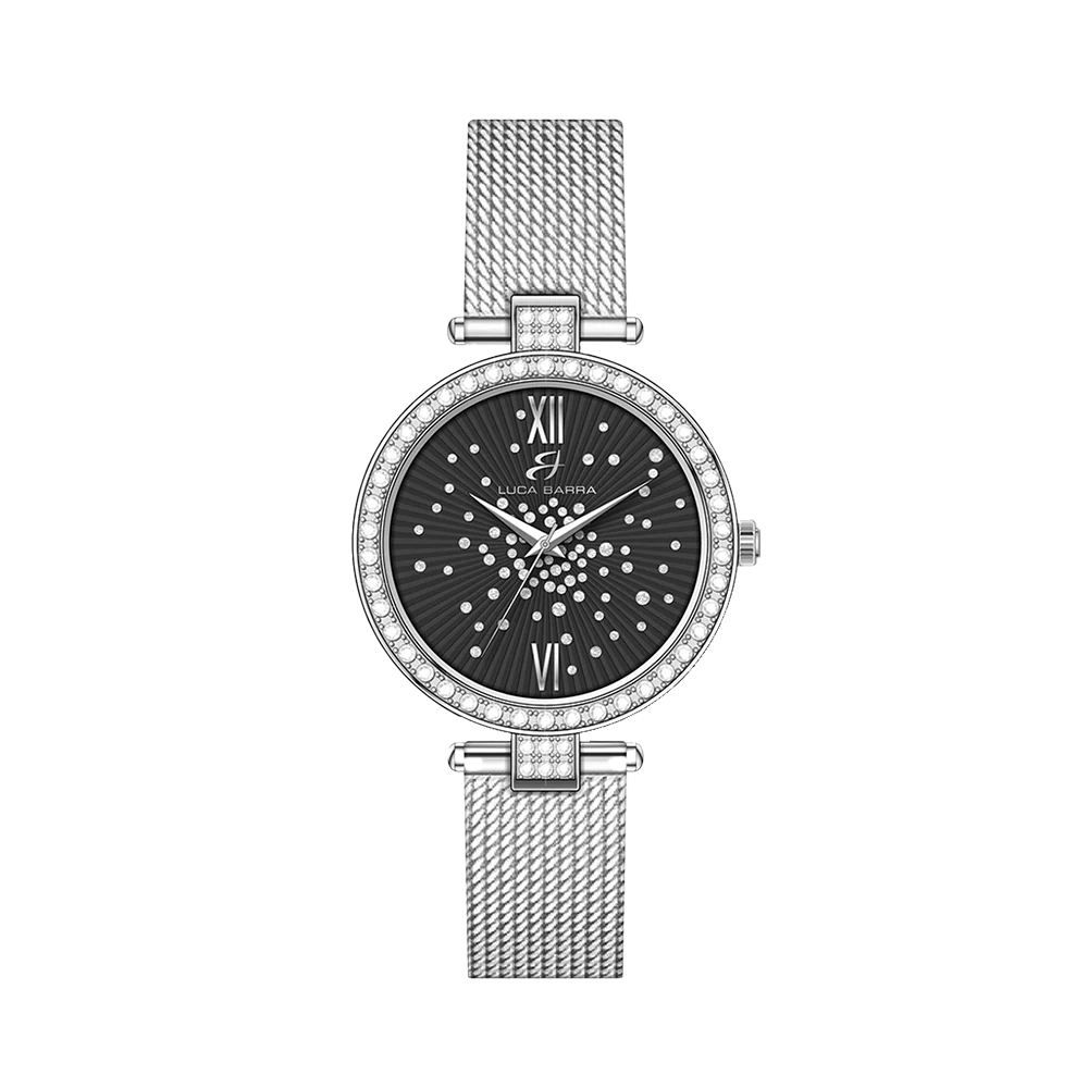 OROLOGIO DONNA IN ACCIAIO QUADRANTE NERO GHIERA CON CRISTALLI BIANCHI