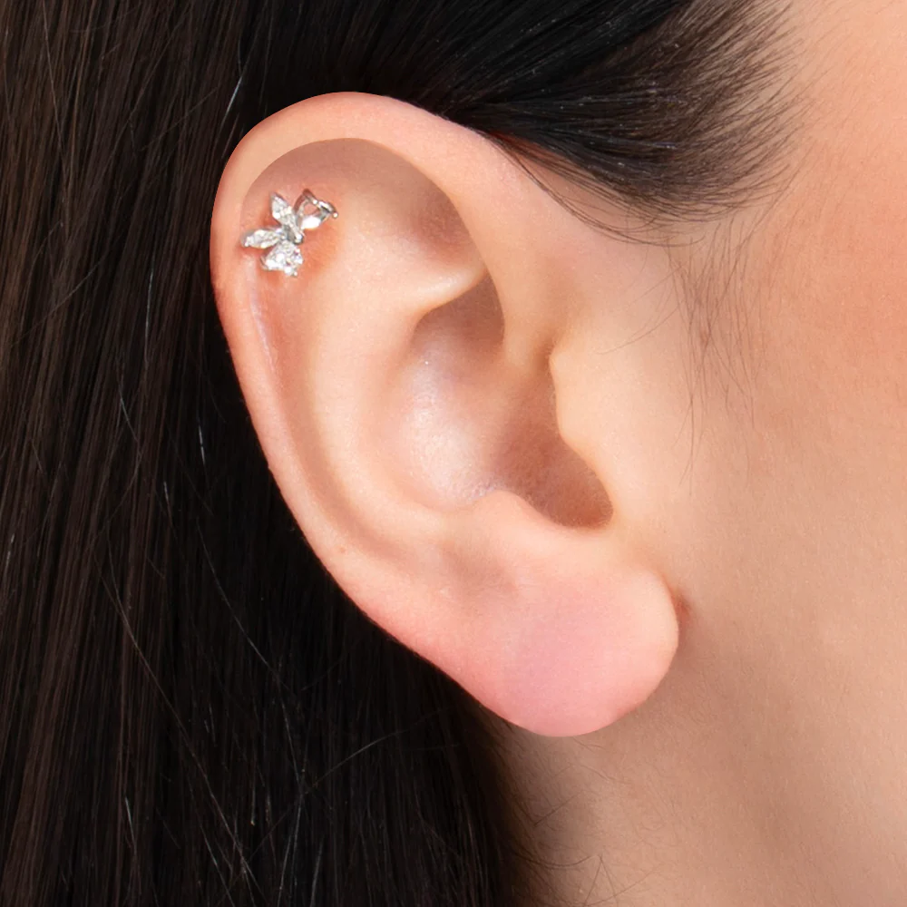 PIERCING ORECCHIO DONNA IN ACCIAIO FORMA FIOCCO CON ZIRCONI BIANCHI - Image 2