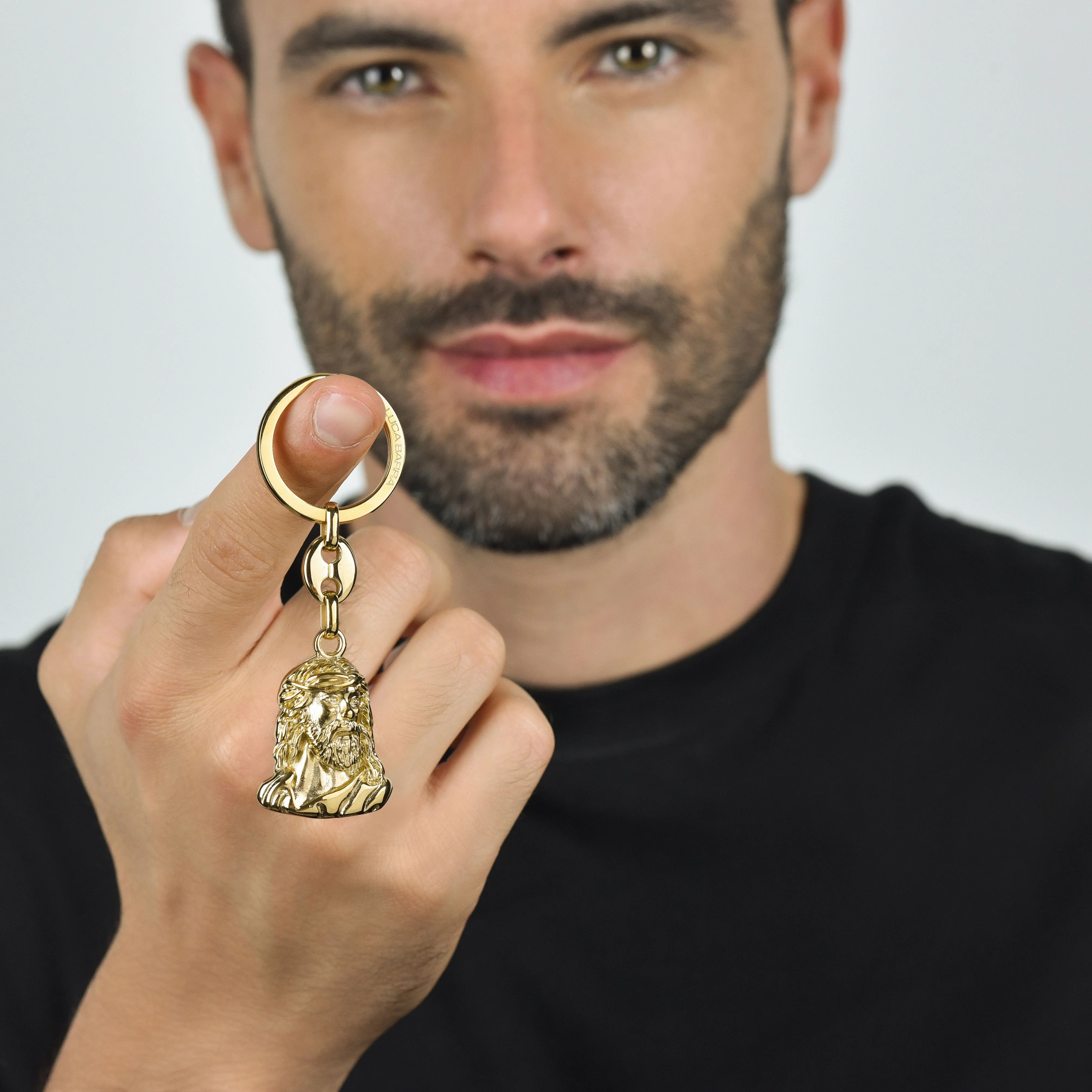 PORTACHIAVI UOMO IN ACCIAIO IP GOLD VOLTO SANTO - Image 2